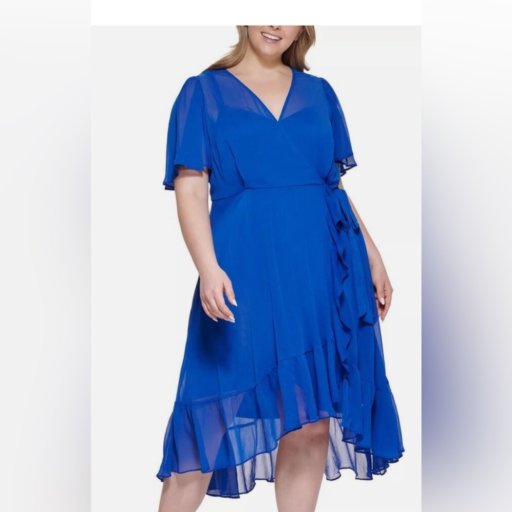 Calvin Klein Chiffon Ruffle Tea Length Wrap Dress Size 20W/22W